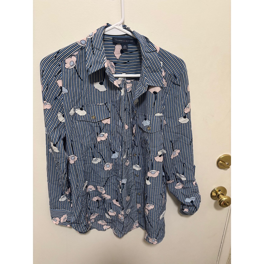 Tommy Hilfiger Women XS Blue Striped Floral Poppy Button Down Blouse Shirt